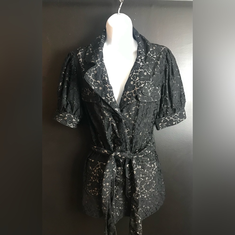 KENSIE Black Lace Jacket Coat Blazer Trench Belted Nude Tan Puff Sleeve Pockets